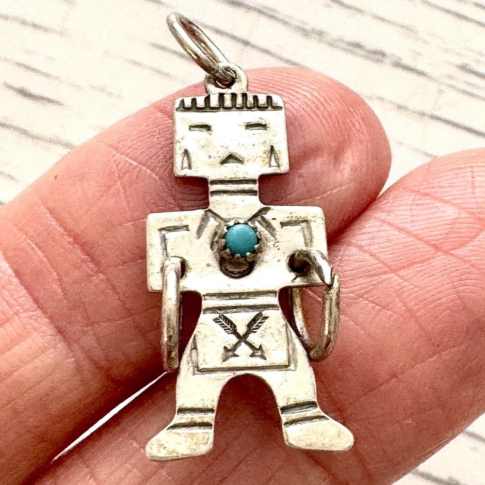 VTG Navajo Kachina Turquoise Pendant Mini Harvey Era Sterling Hoop Dancer Charm - Picture 2 of 6